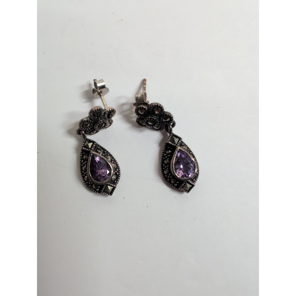 Vintage Sterling Silver 925 Marcasite Amethyst Purple Dangling Earrings